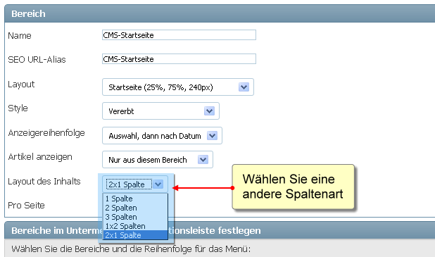 Bereich - Layout des Inhalts