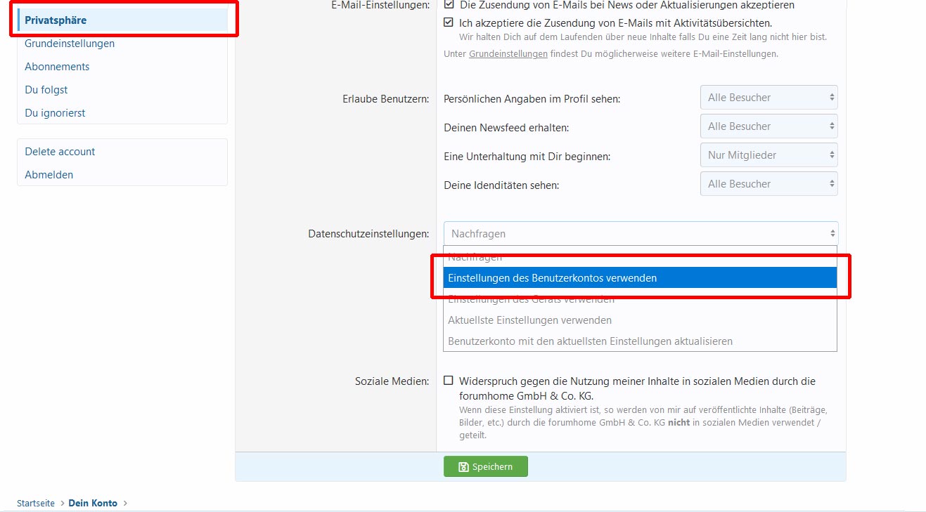 Screenshot Benutzerkontoeinstellungen